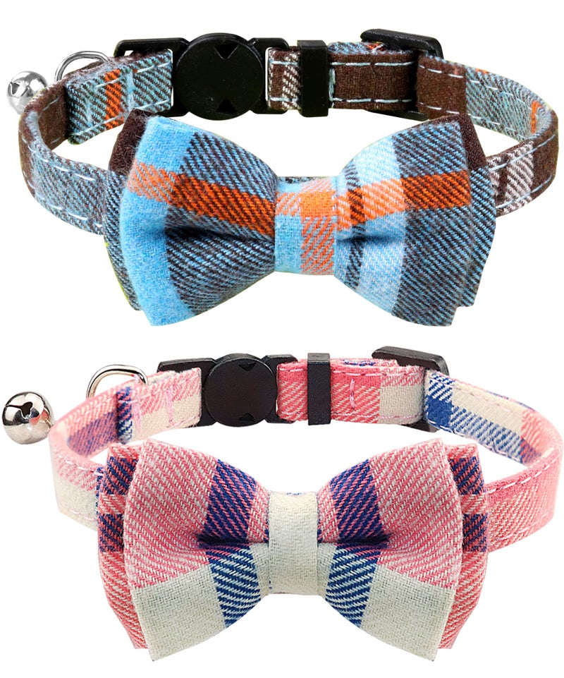 Joytale Upgraded Cat Collar with Bells, Breakaway Cat Collars with Bow Tie, 2 Pack Girl Boy Safety Plaid Kitten Collars, Haze Blue+Pink - Image 1